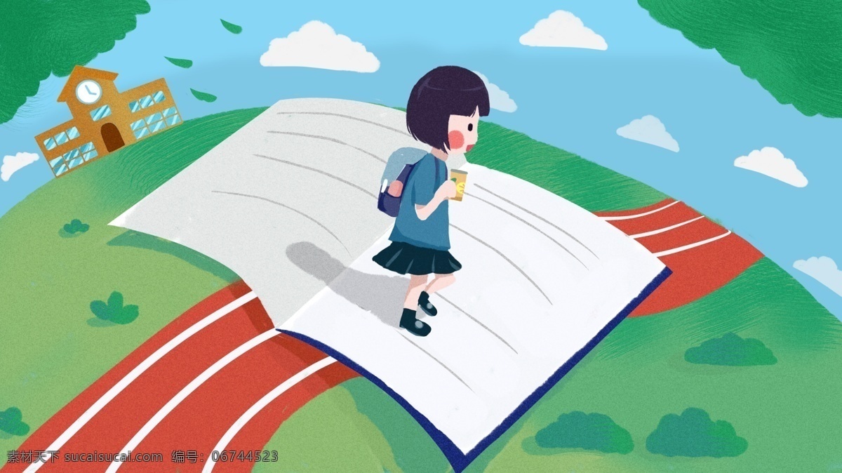 九月 开学 季 学校 学生 上学 可爱 扁平 小 清新 插画 小清新 白云 开学季 天空