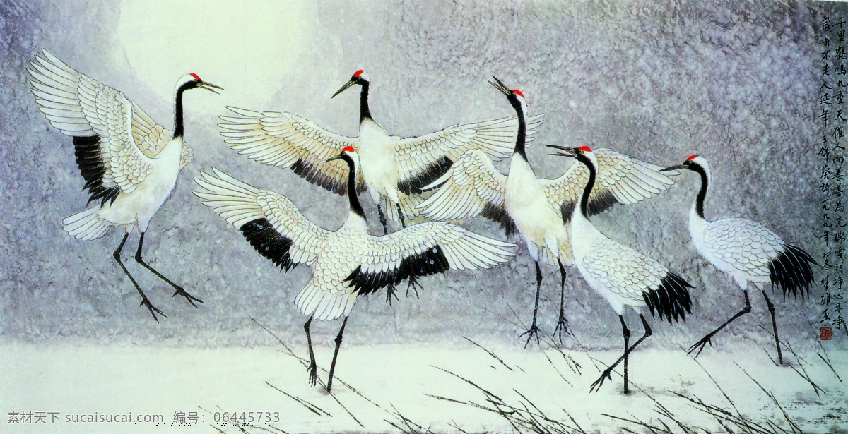瑞雪祥鹤 动物画集 书法 印章 背景 风景 仙鹤 太阳 白雪 文化艺术 绘画书法 设计图库