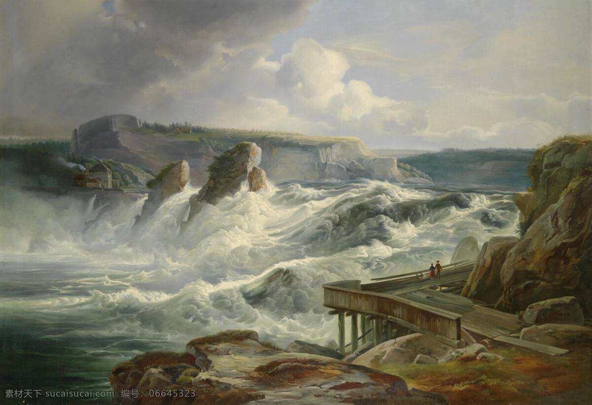 白云 观瀑图 绘画书法 木桥 文化艺术 油画 远山 19世纪油画 气势壮观 远处房屋 一男一女 观看 水天相接