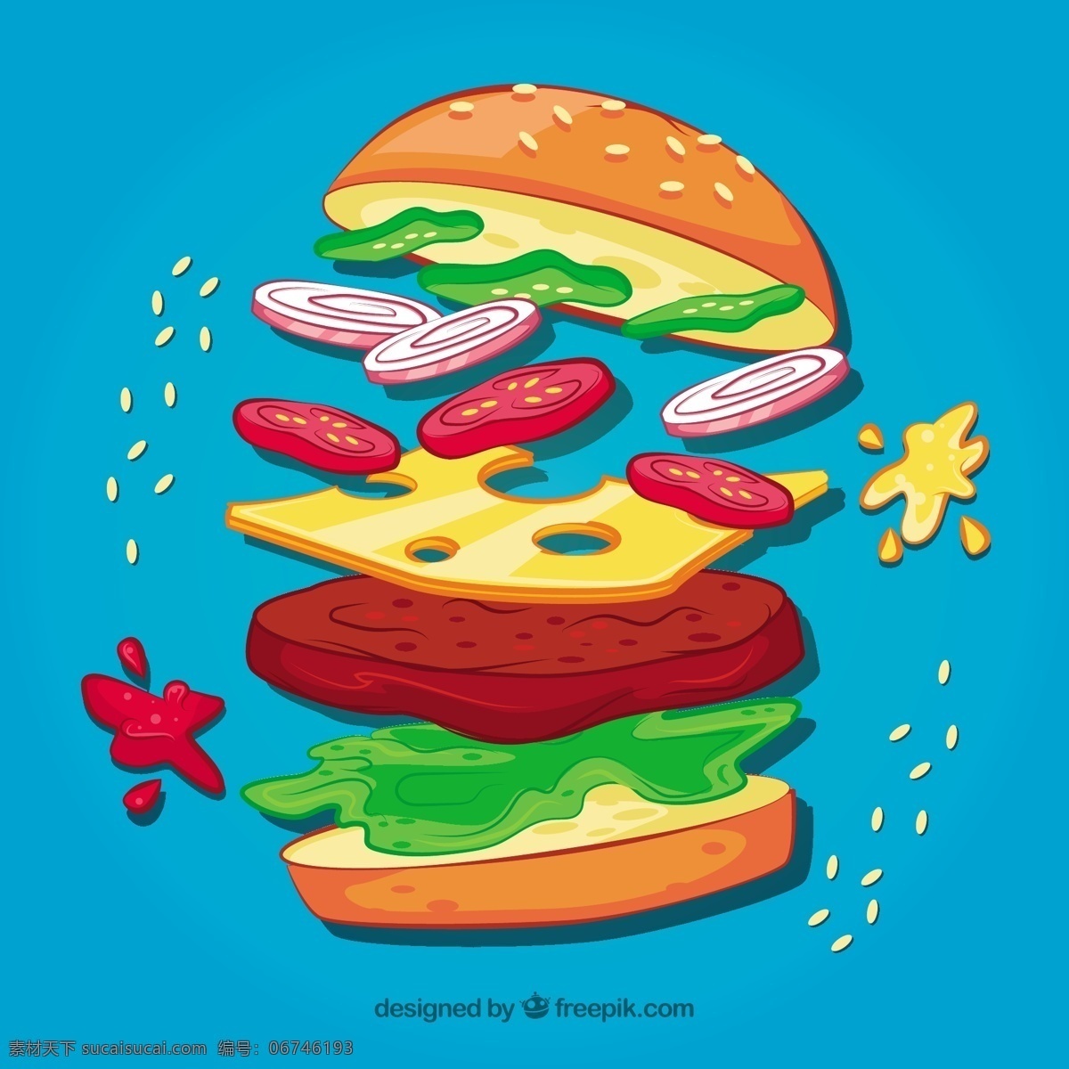 食 材 美味 汉堡 蓝色 背景 食物 菜单 颜色 扁平 丰富多彩 快餐 平面设计 食物菜单 奶酪 汉堡包 番茄 午餐 小吃 餐