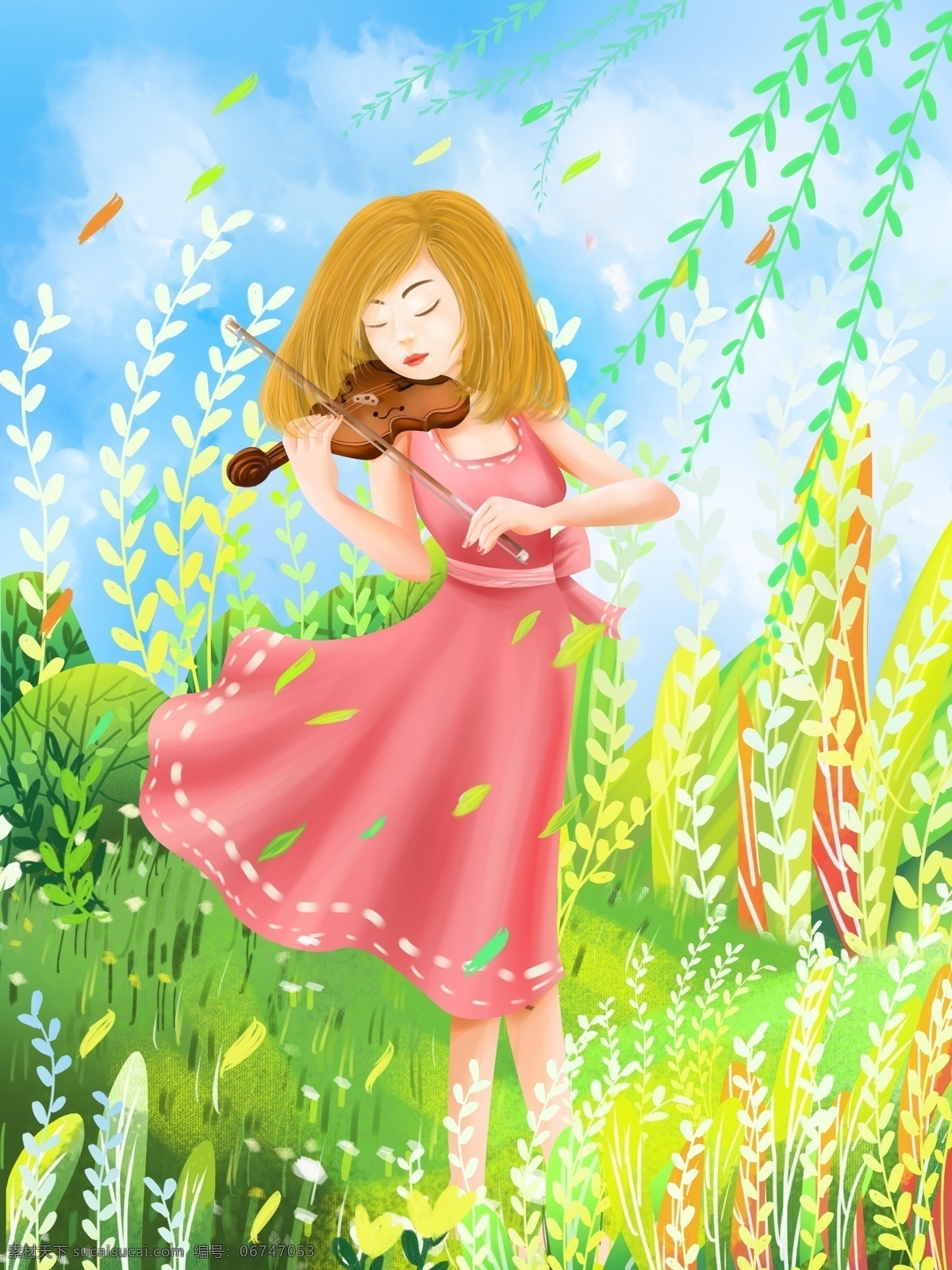 五月 你好 女孩 拉 小提琴 音乐 欢迎 唯美 自然 大自然 裙子 粉色 手绘 插画 植物 清新