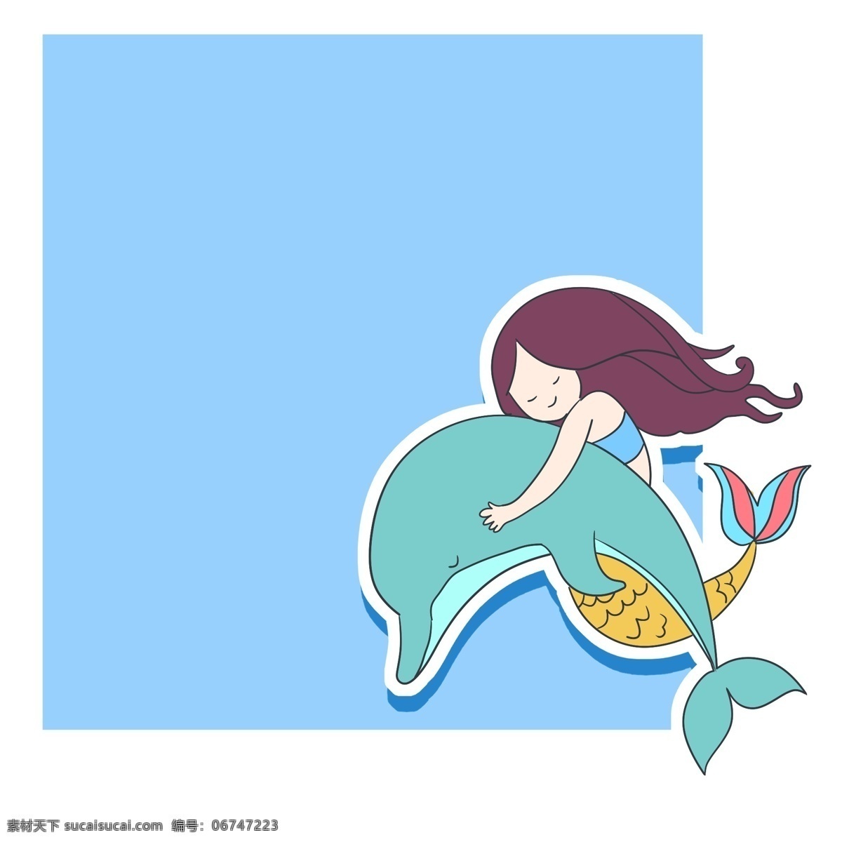 手绘 人物 小鱼 边框 蓝色的边框 卡通的插画 手绘插画 边框插画 人物和小鱼
