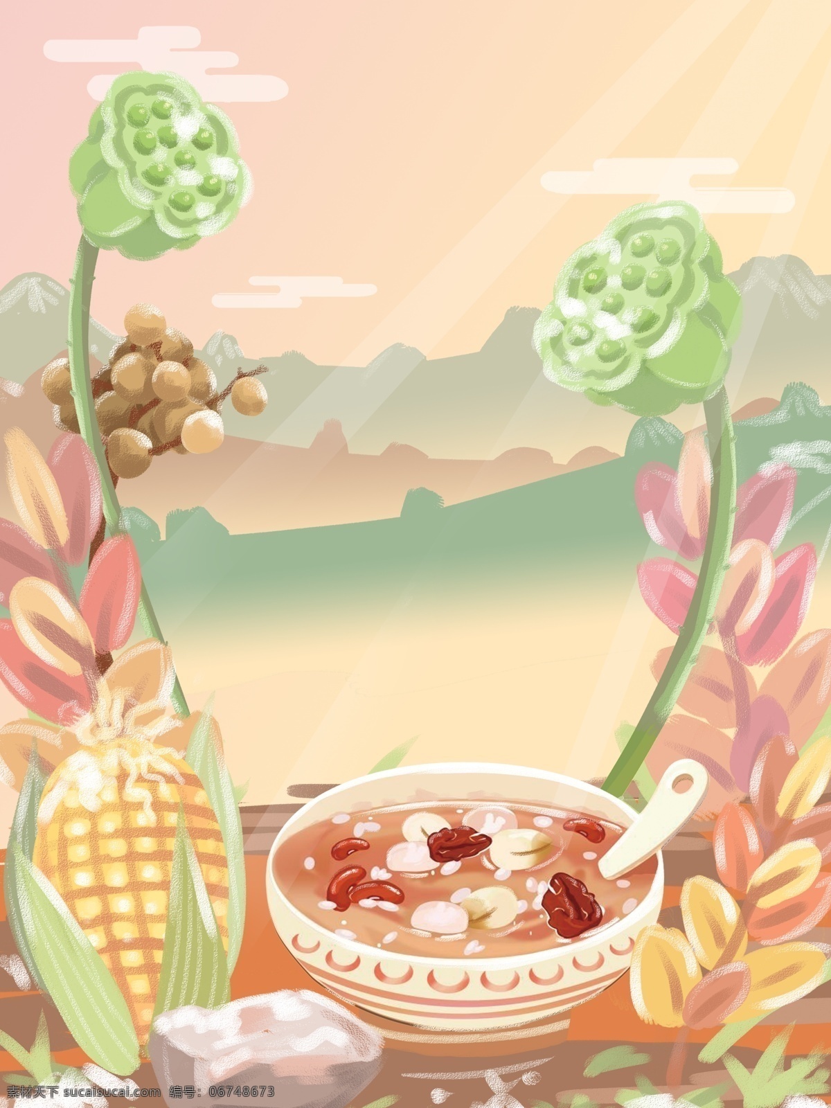 唯美 手绘 腊八节 腊八粥 插画 背景 节日背景 吃腊八粥 粥店展板背景 腊八节习俗 团聚 创意 喜庆背景 植物 莲蓬 风景