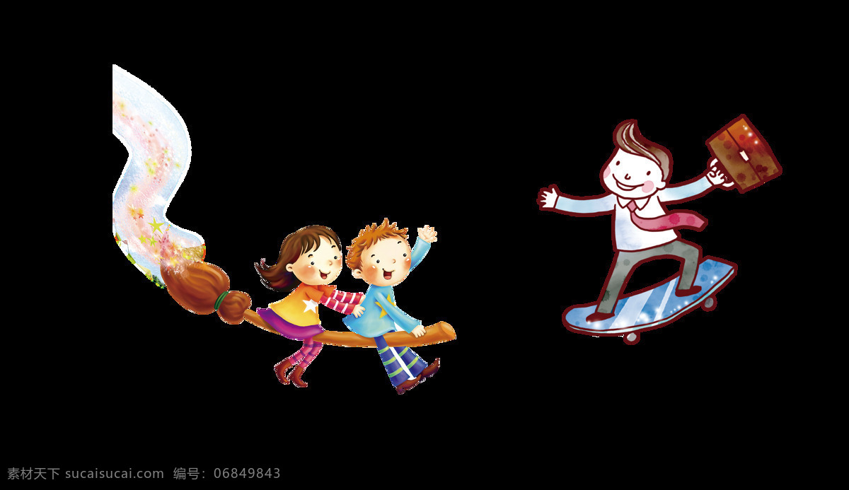 手绘 卡通 儿童 玩耍 装饰 儿童节 可爱 彩色 滑板 男生 女孩