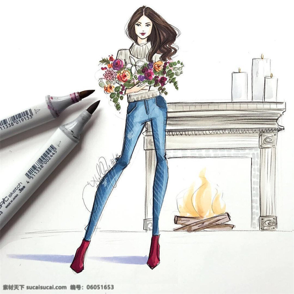 时尚女装 设计图 服装画 服装设计 服装手绘图 服装效果图 花束 火炉 紧身牛仔裤 女装设计 休闲女装 职业女装