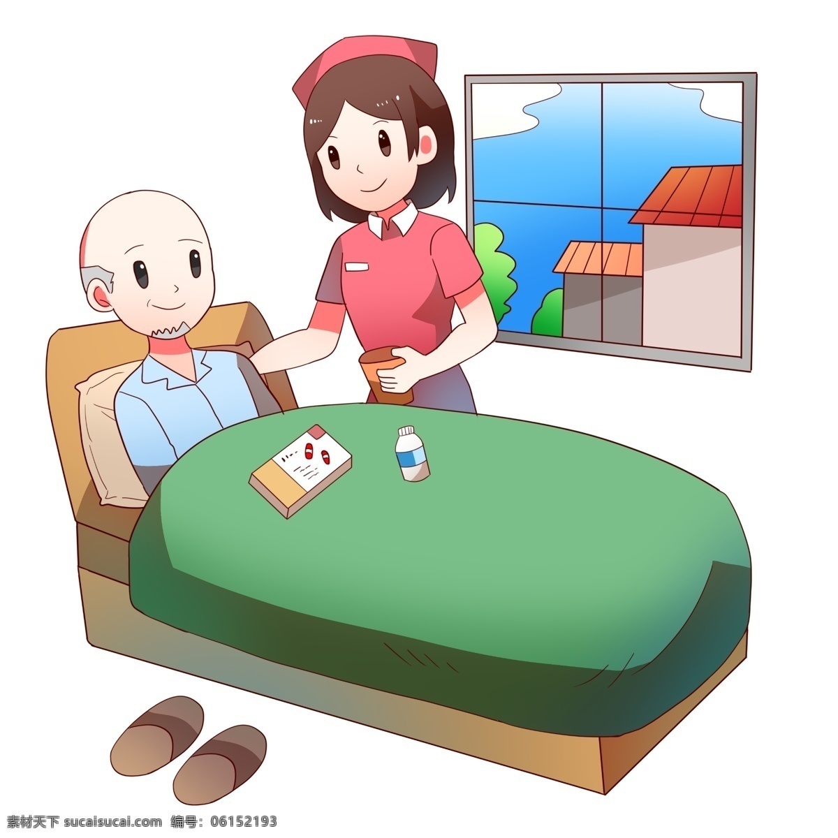 医疗 人物 药丸 插画 蓝色的杯子 黄色的药丸 生病的病人 透明玻璃 手绘 红色的护士帽