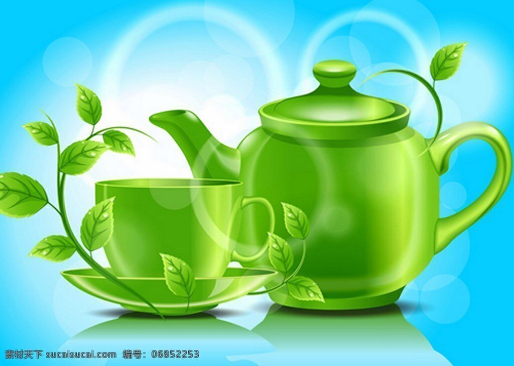 小 清新 绿色 茶壶 茶杯 背景 图 广告背景 背景素材 广告 小清新 背景图 茶叶 饮料 蓝色背景 底纹 背景底纹 绿叶