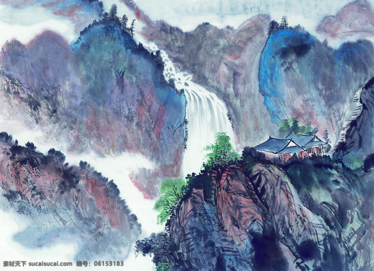 中式 山水 工笔画 水墨 工笔 大山 风景 中式工笔画 文化艺术 绘画书法
