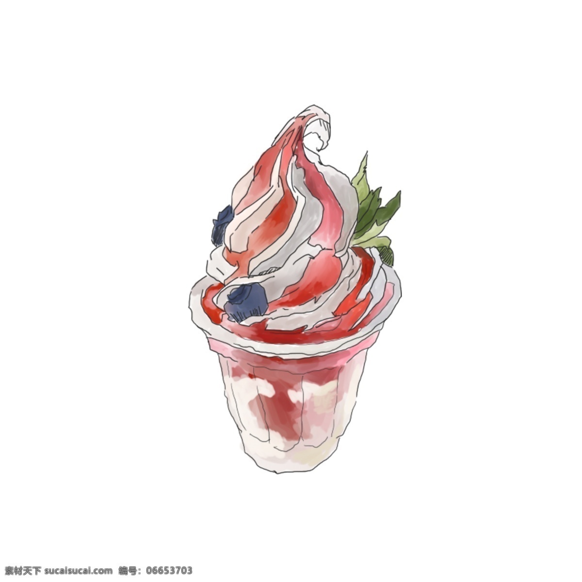 手绘 甜品 草莓 蓝莓 冰淇淋 夏季 冰激凌 夏天 清凉