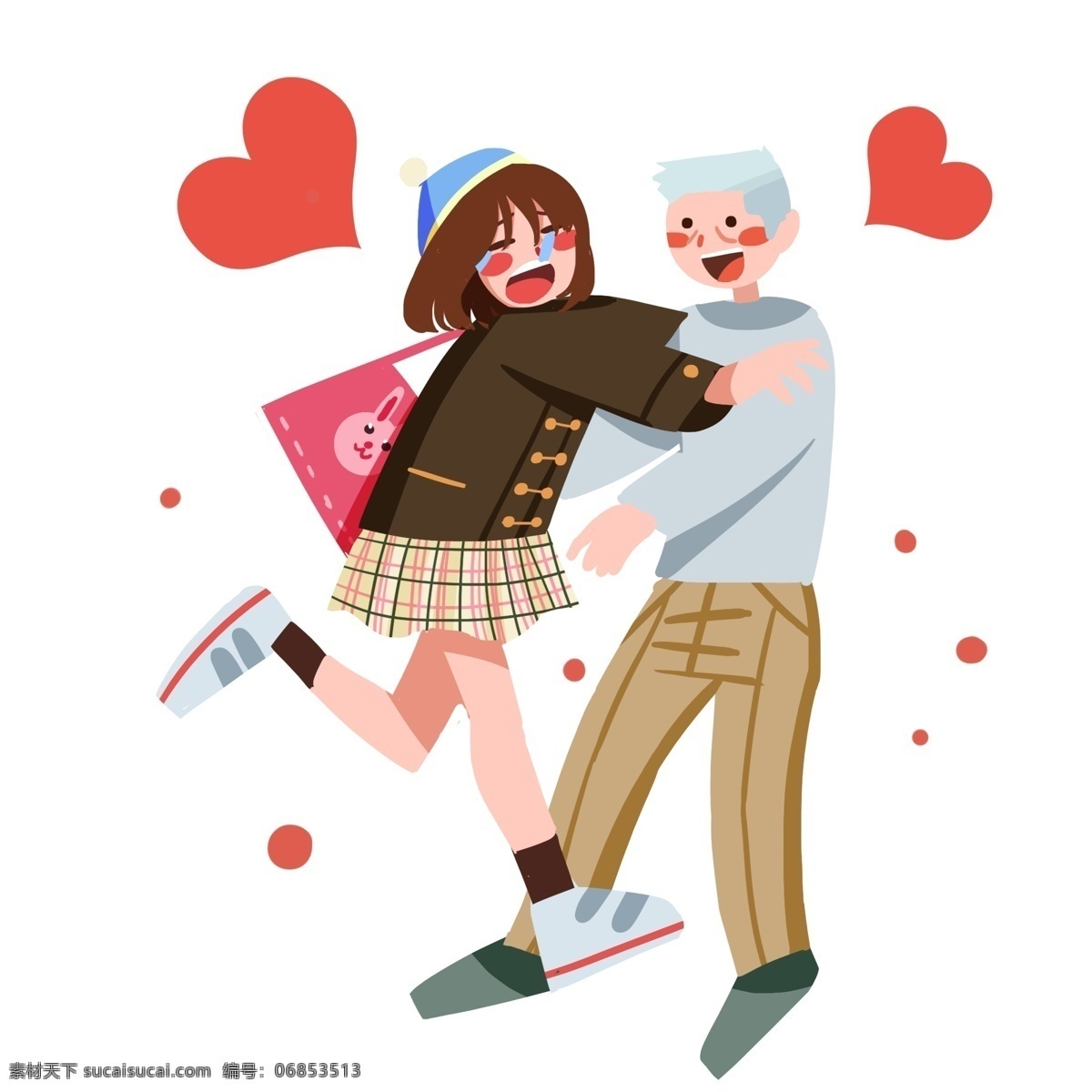 团聚 回家 人物 插画 开心的小女孩 卡通人物 蓝色的帽子 手绘人物插画 团聚人物插画 红色的桃心