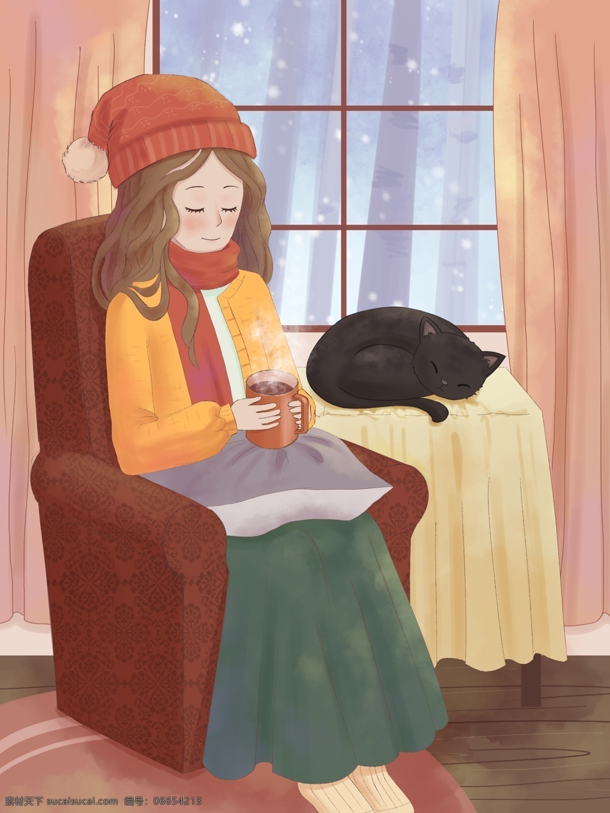 温馨 暖色调 冬天 女孩 沙发 喝 咖啡 取暖 插画 室内 居家 热饮 猫咪 下雪 舒服 一个人的生活 闲暇 治愈系