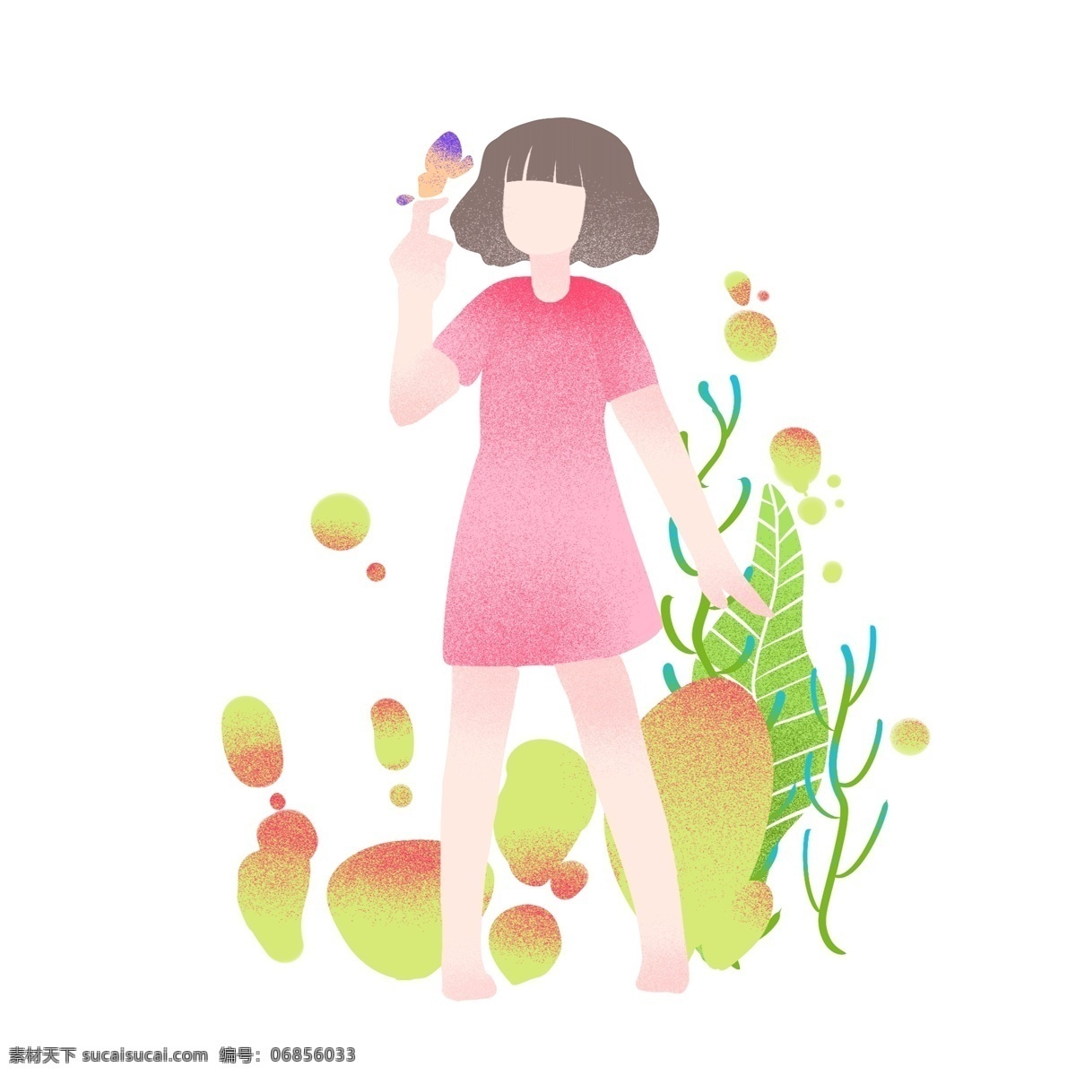 清明节 人物 蝴蝶 插画 紫色的蝴蝶 漂亮的小女孩 绿色的叶子 植物装饰 卡通人物