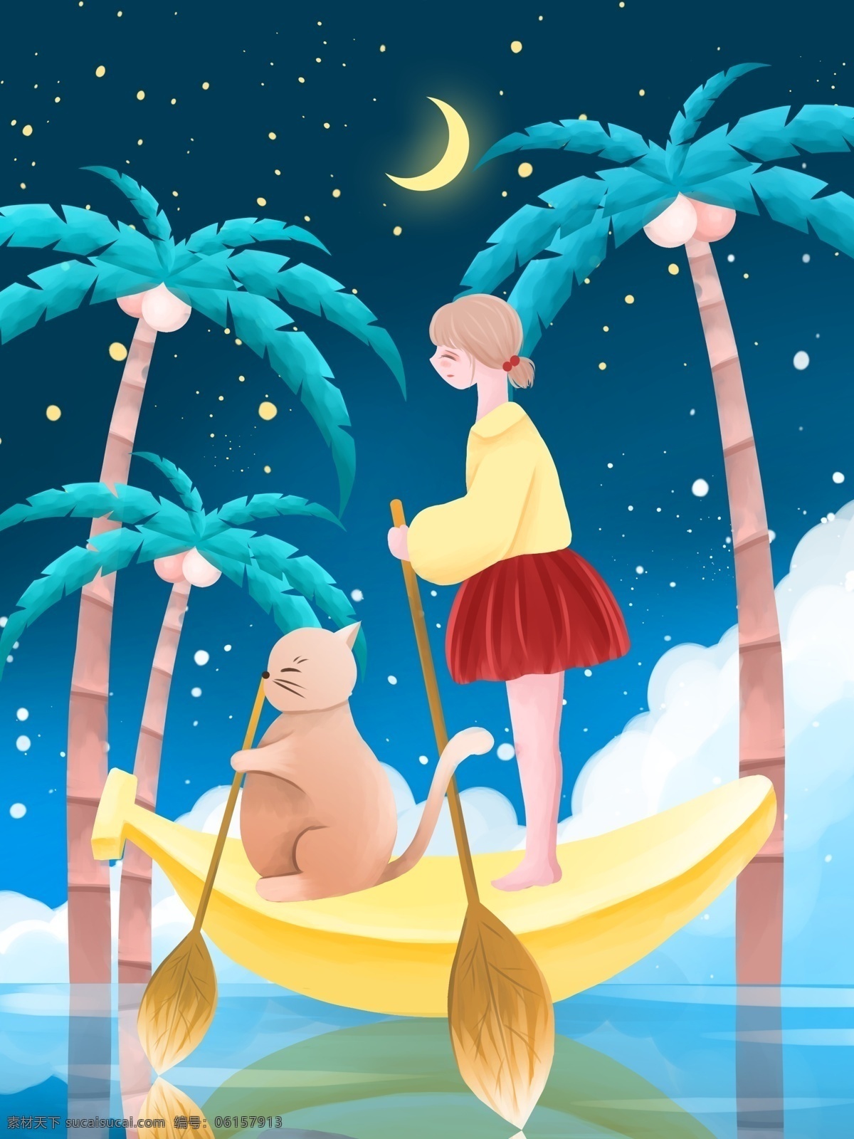 创意 水果 插画 穿梭 椰子 林中 香蕉 船 清新 星空 云 壁纸 创意水果 治愈 椰子树 水 女孩 猫 划船