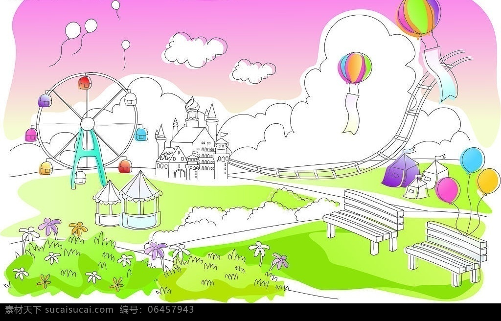 抽像城市 卡通插画 公园 花草 树木 亭子 条椅 小道 帐篷 气球 氢气球 摩天轮 云彩 矢量图库 其他矢量 矢量素材 抽像城市风情