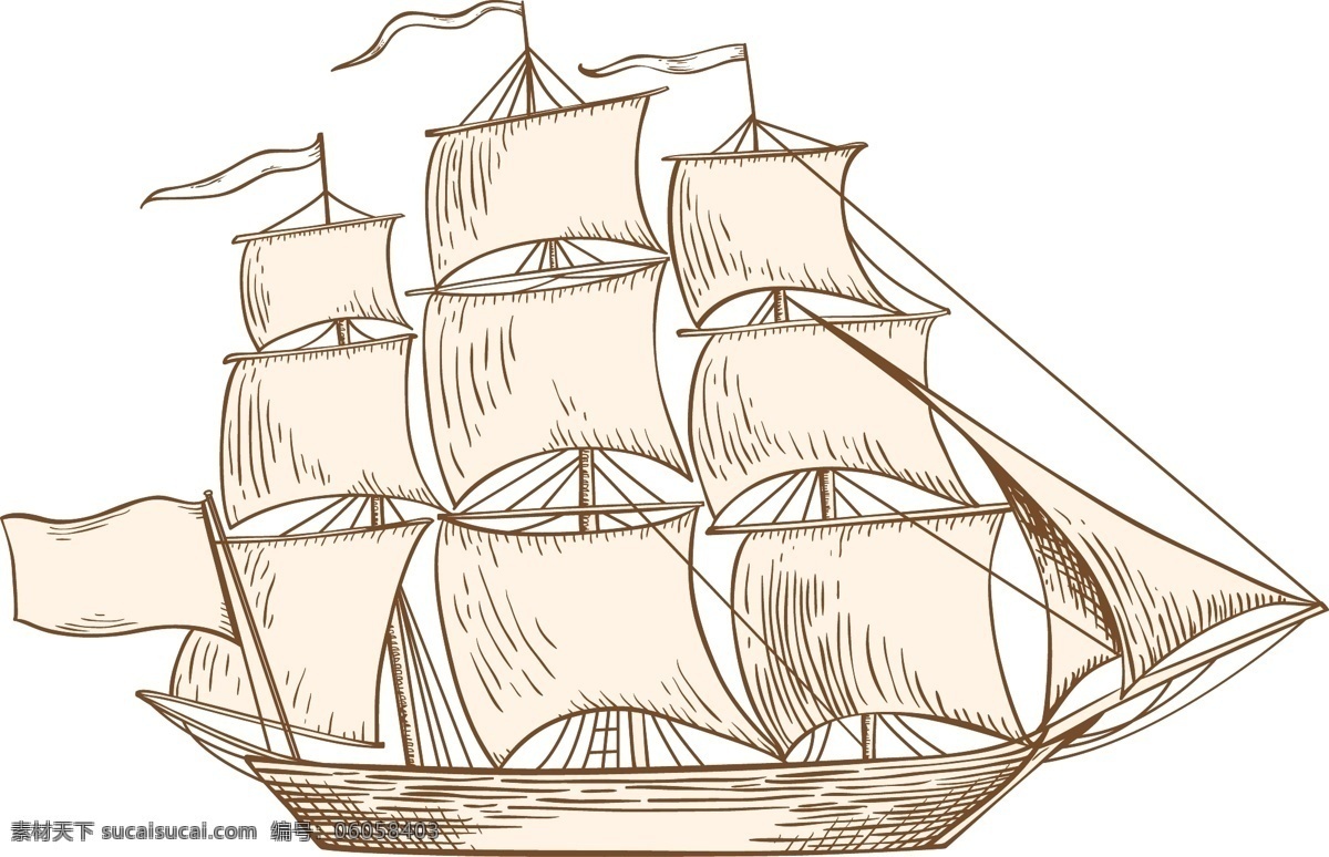 手绘 线条 船舶 元素 素描 帆船 ai元素 免扣元素