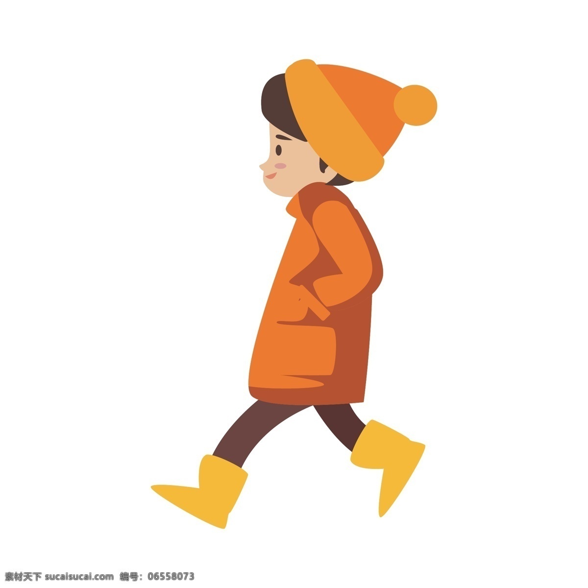 简约 风格 冬季 男孩 行走 元素 休闲 橙色 帽子 走路 赶路