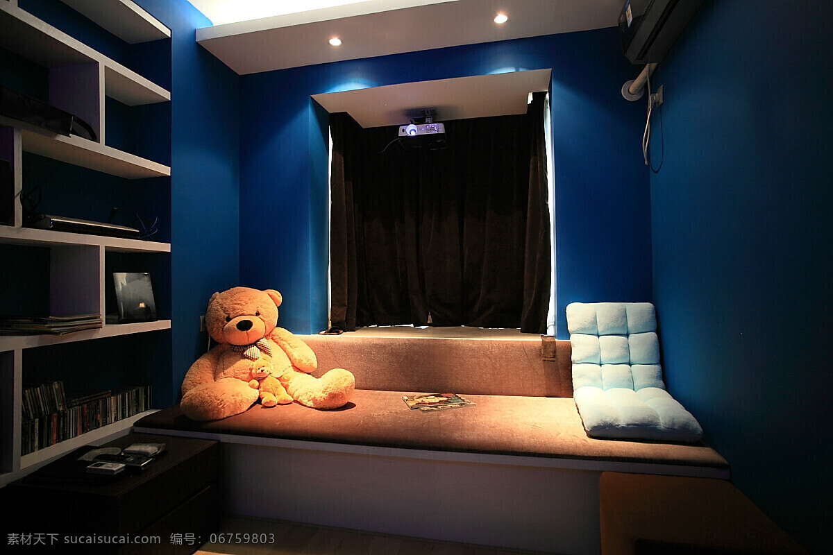 简约 卧室 蓝色 墙壁 装修 效果图 白色射灯 窗户 床铺 方形吊顶 置物柜