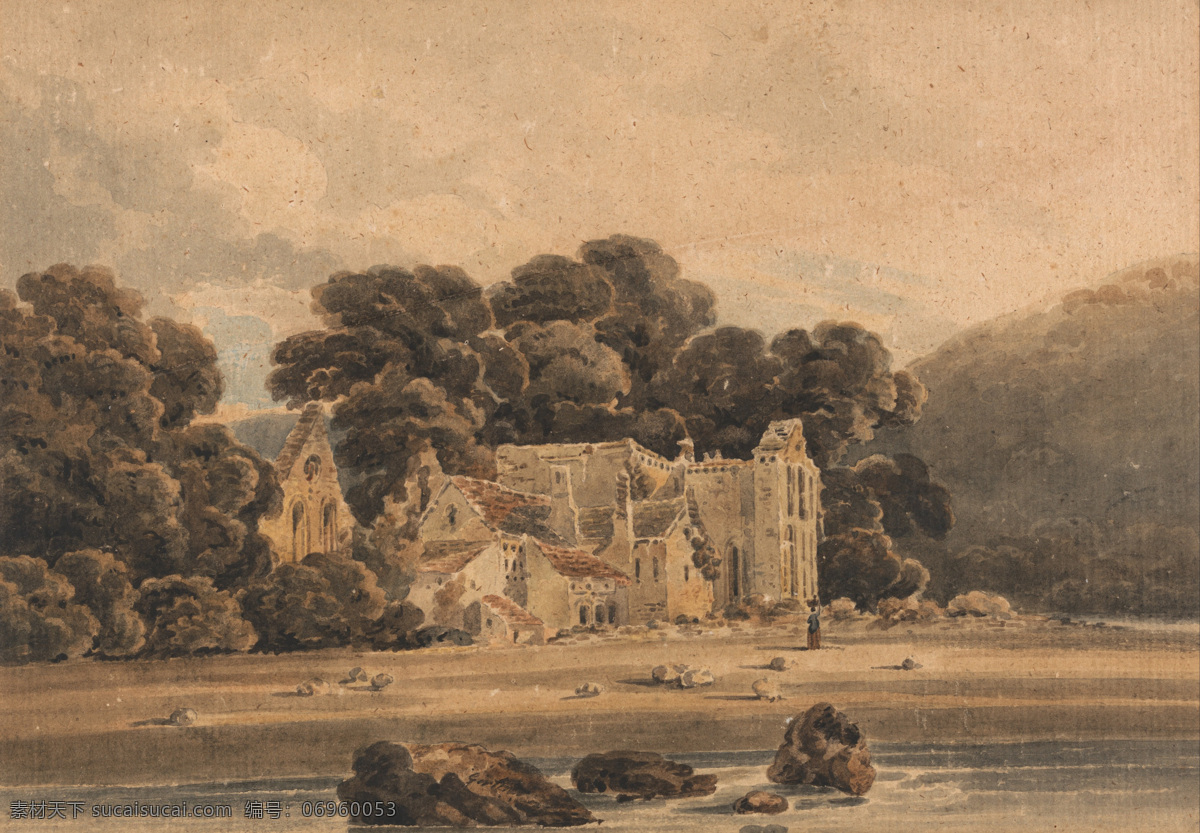 风景油画 托马斯 吉尔丁 油画作品 著名油画 国外油画 西方古典油画 油画 艺术 修道院 建筑 树 山林 天空 景观艺术 英国画家 托马斯吉尔丁 英国 耶鲁大学 艺术中心 绘画书法 文化艺术