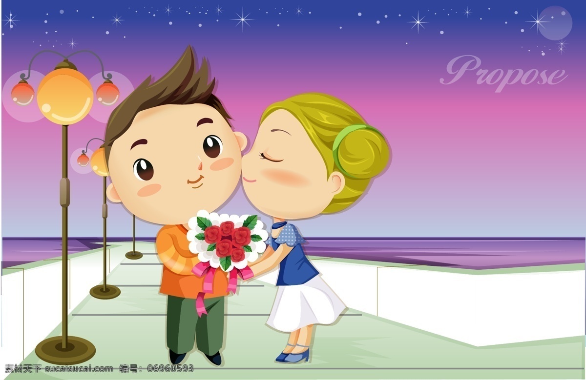 求婚 男孩 花朵 女孩 路灯 白色