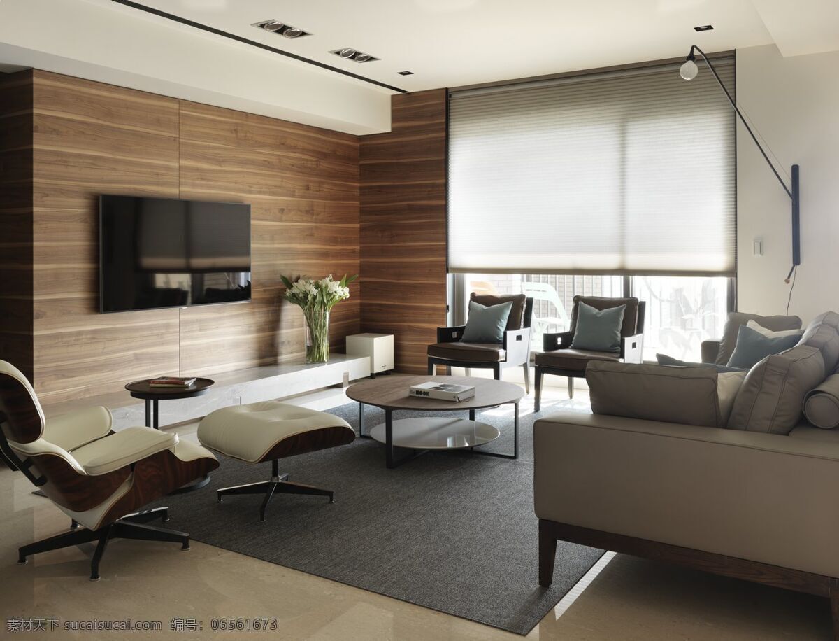 简约 客厅 木质 电视 背景 墙 装修 效果图 窗户 方形吊顶 灰色地毯 灰色沙发 椅子