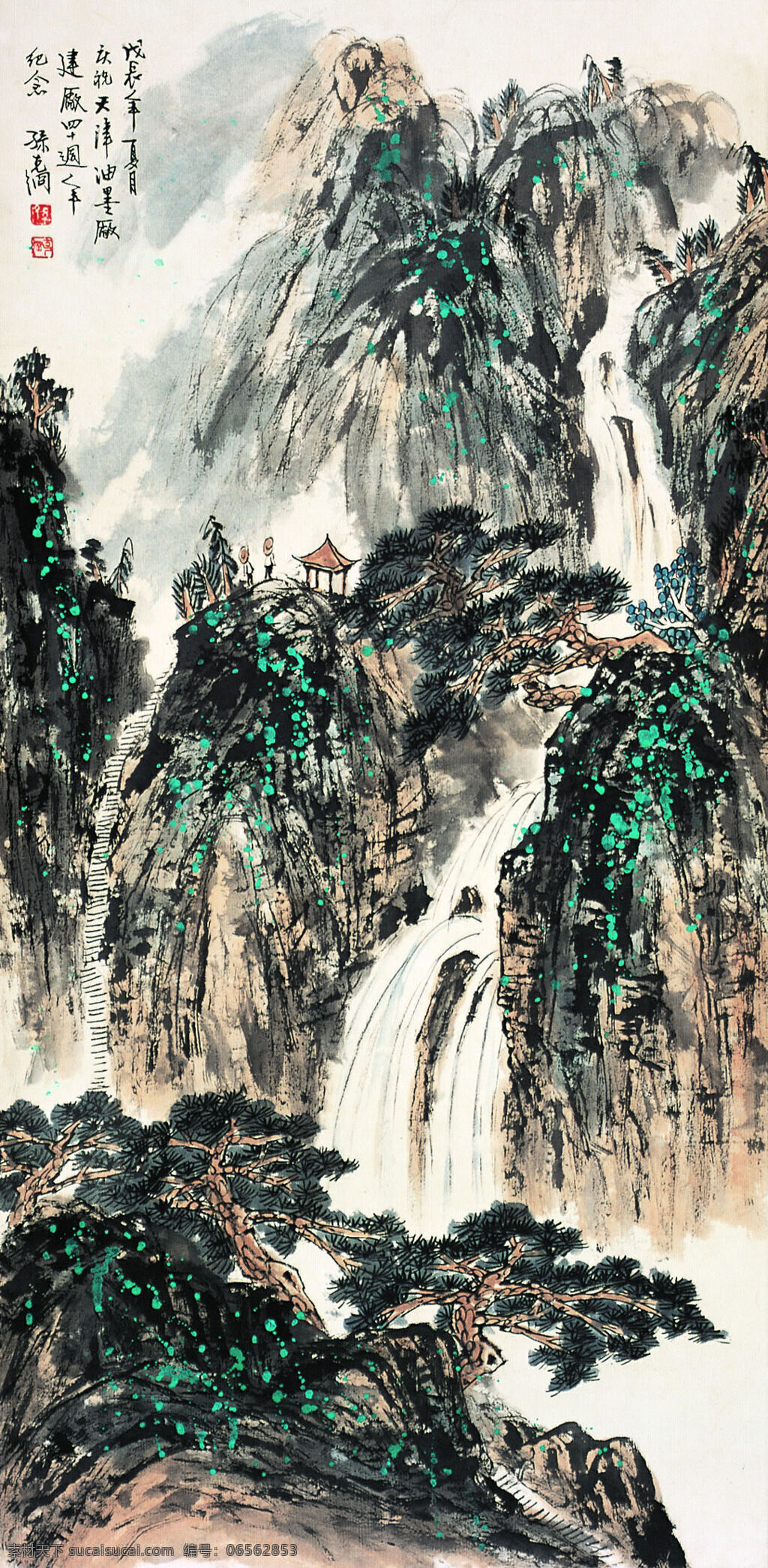 飞瀑 流泉 日影 寒 刺绣 群山 山泉 室内装饰设计 松树 亭子 写意山水画 中国画 立轴 孙克纲作品 工艺美术 平面广告 装饰设计 文化艺术