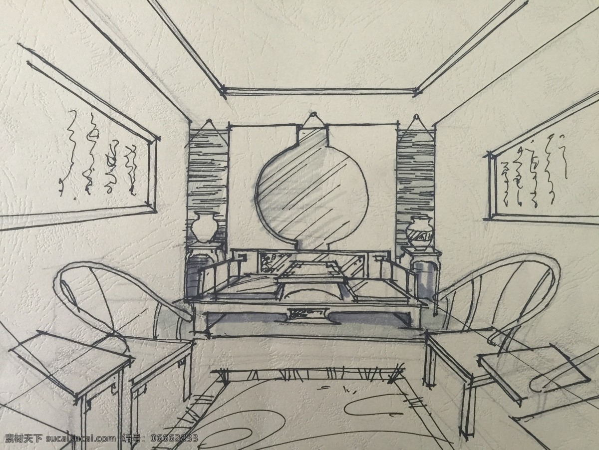 茶室手绘 手绘效果图 茶室 室内 灰色