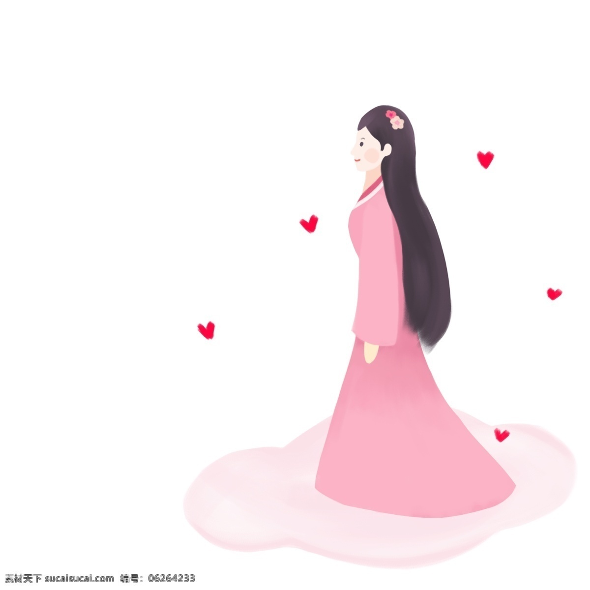 织女 七夕 情人节 相会 卡通 手绘 原创 插画 商业 彩云 桃心 仙女 浪漫 古装 腾云