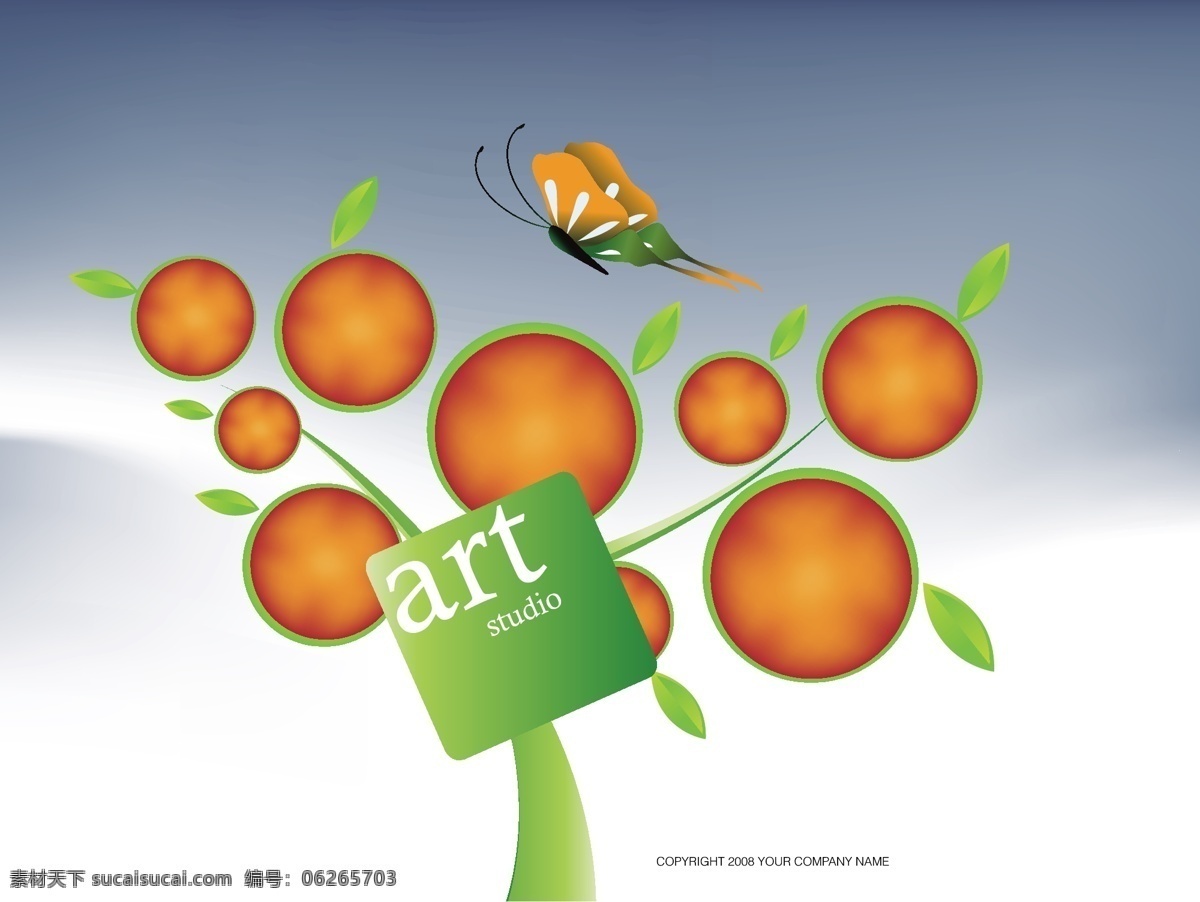 卡通 圆形 大树 蝴蝶 矢量树木 矢量素材 art studio 矢量图 其他矢量图