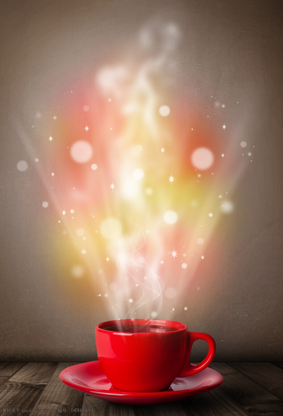 红色 咖啡杯 里 散 发出 星光 咖啡 红色咖啡杯 木板 热气 斑点 光斑 咖啡图片 餐饮美食