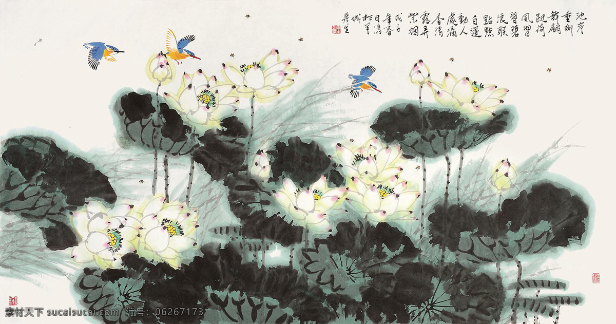 滴 香 清露 异 紫 烟 绣 荷花 蜜蜂 室内装饰设计 中国画 写意花鸟画 翠鸟 周彦生作品 工艺美术 刺绣 文化艺术 绘画书法