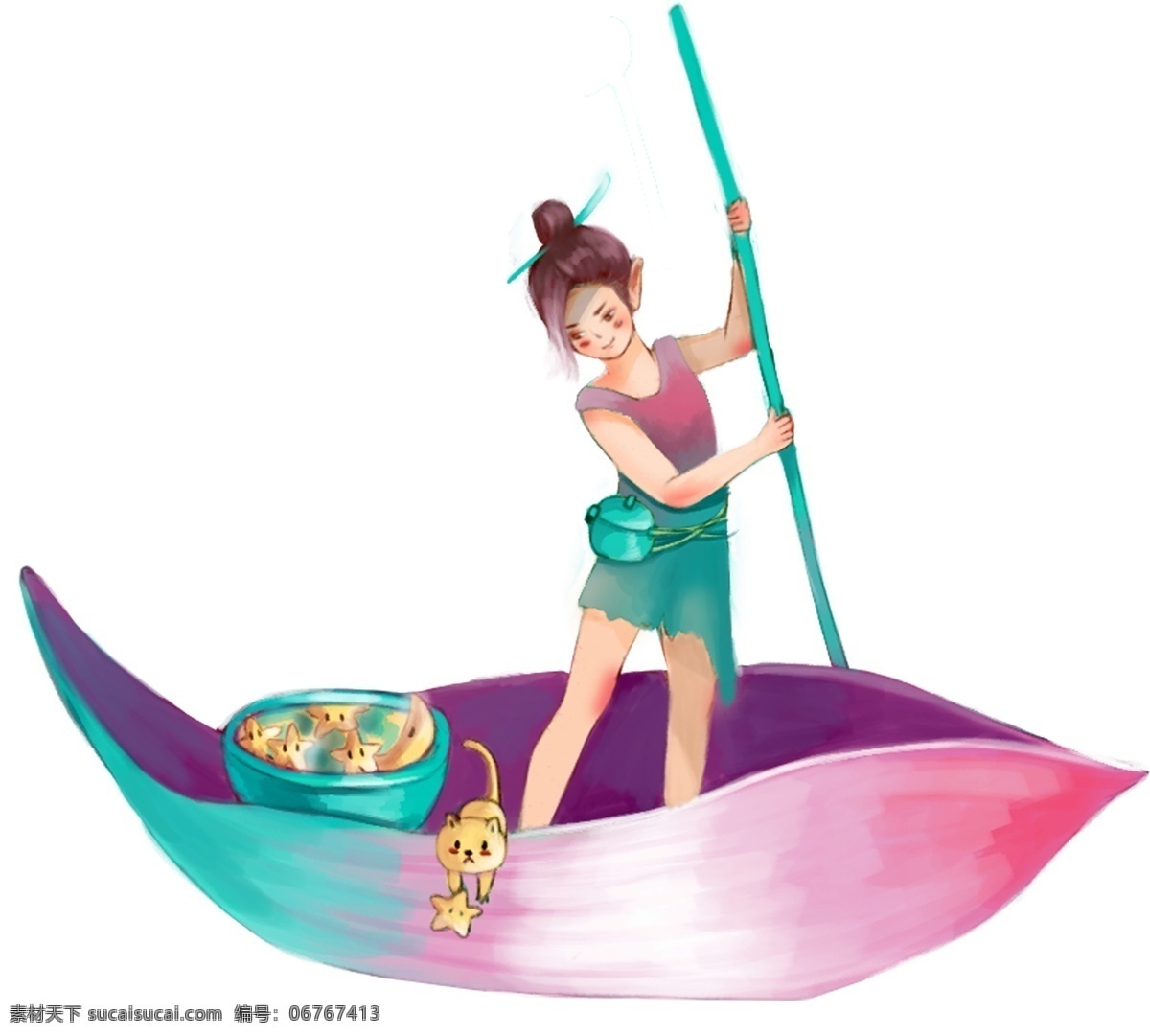 划船的小女孩 划船 卡通 女孩 人物 船