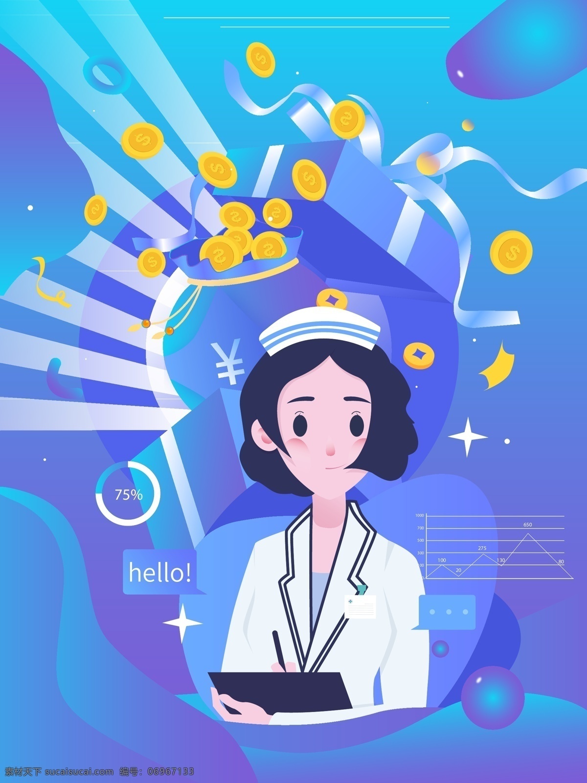 互联网 金融 理财 流行 渐变 女 职员 金币 礼盒 丝带 数据 金融理财 矢量 女职员 女护士 蓝色渐变 电商 写字 钱袋