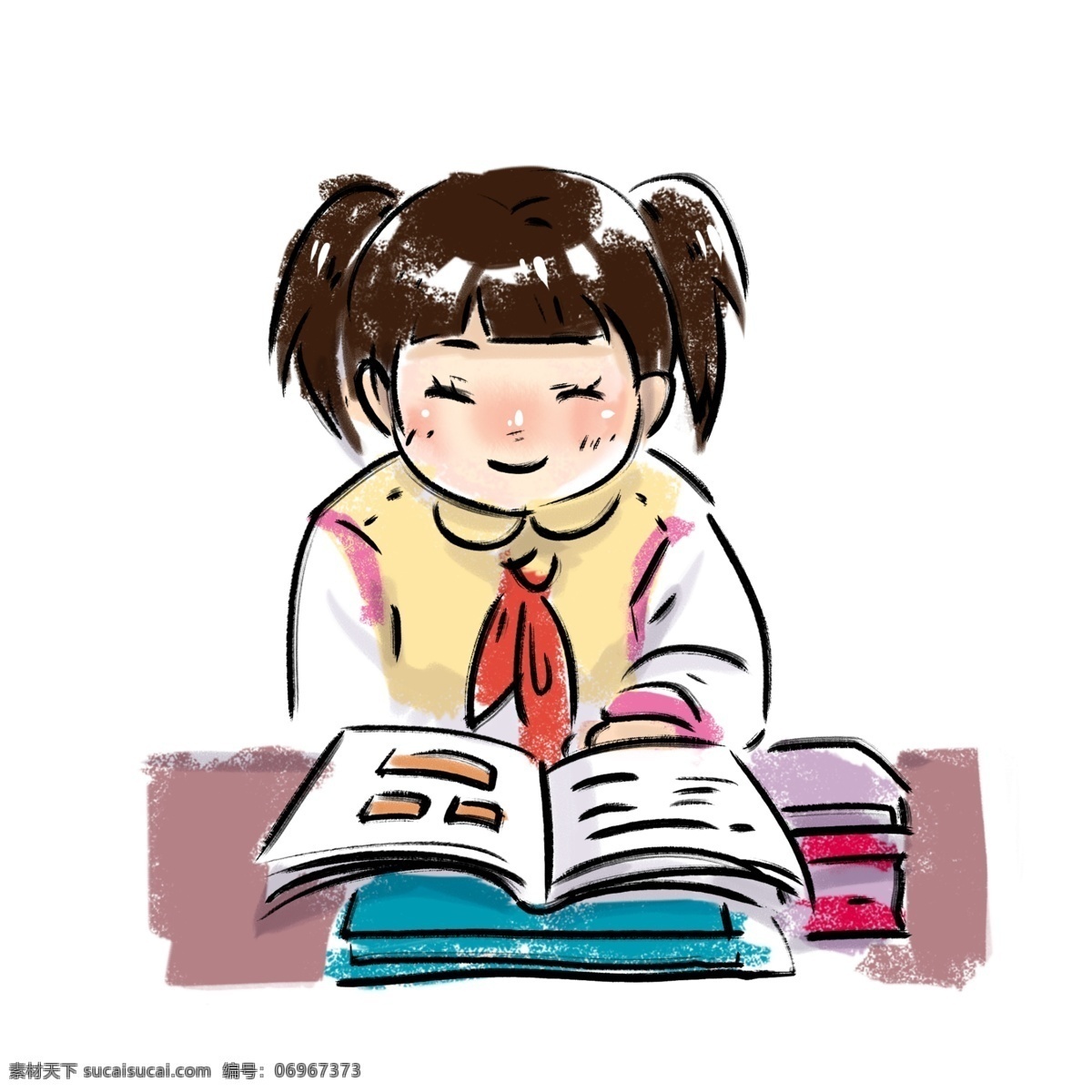 小学生 清新 校园 风 学生 女孩子 书包 上学 红领巾 校园风 女孩 孩子 小孩 课本 书本 手绘