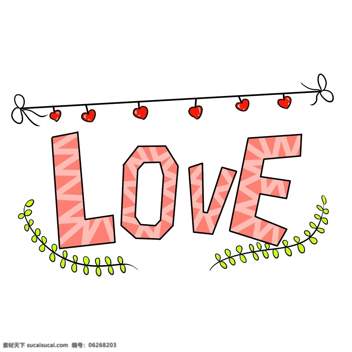 情人节 装饰 字母 插画 情人节快乐 爱情表白 love 英文字母 红色爱心 心形 挂着的心形 绿色的枝叶