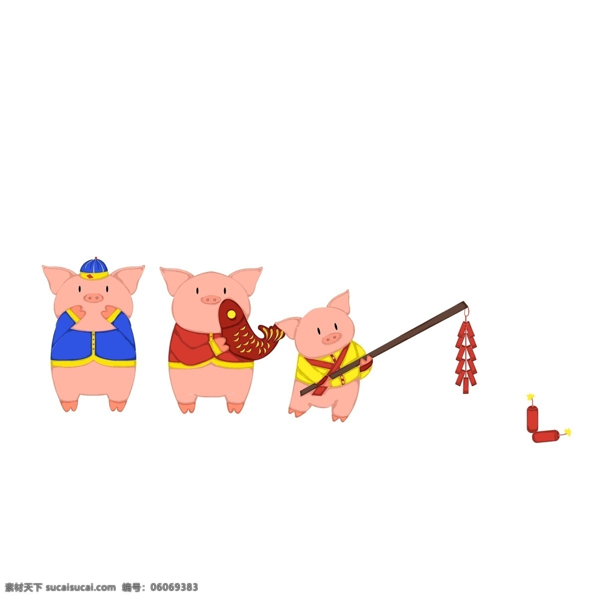 卡通 三 只 拜年 猪 创意 彩绘 插画 过年 小猪 放鞭炮 锦鲤 psd设计 小猪形象 猪年形象