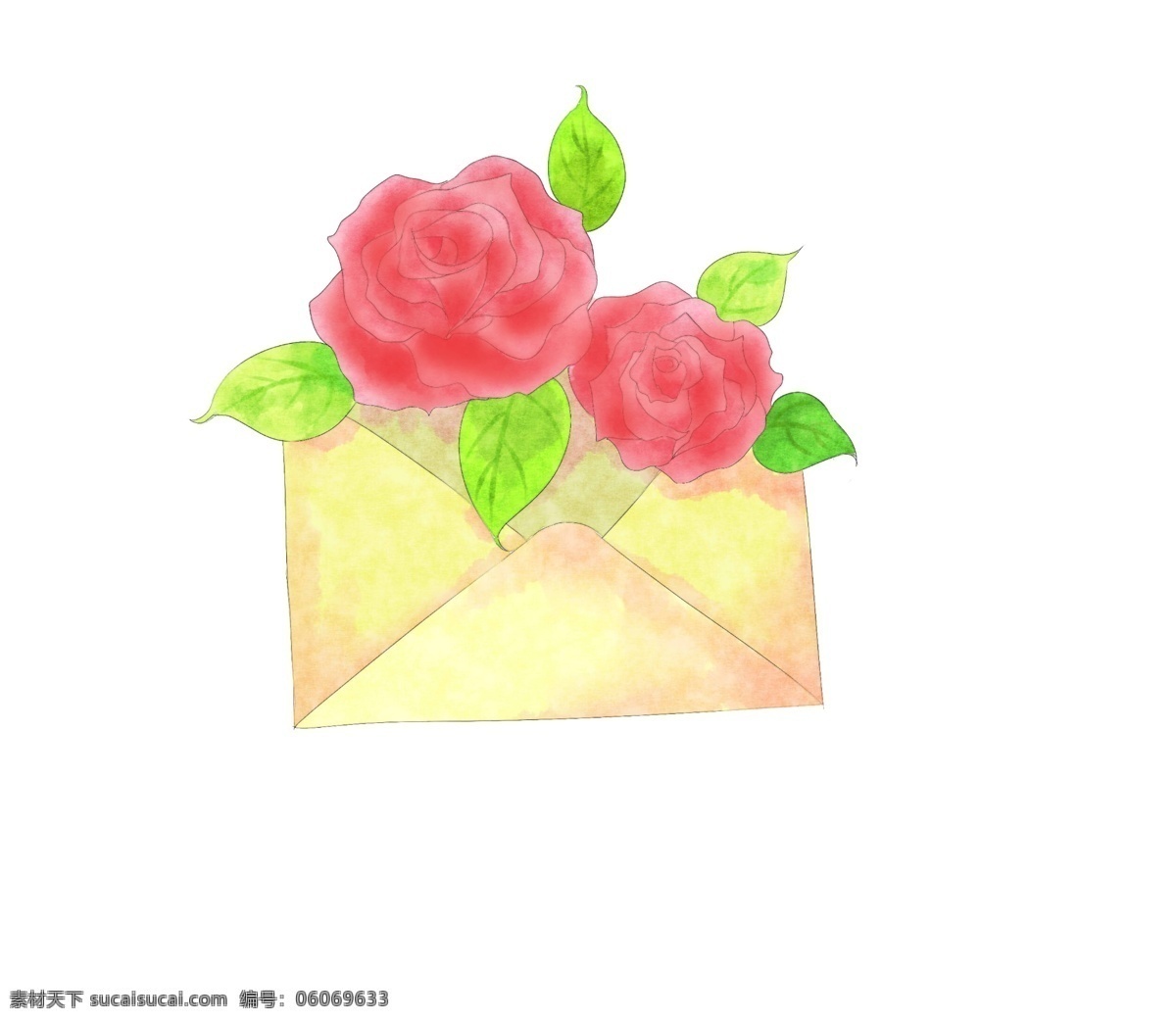 黄色 鲜花 信封 插画 红色的玫瑰花 绿色的叶子 叶子装饰 鲜花花卉 黄色的信封 漂亮的鲜花 信封传递