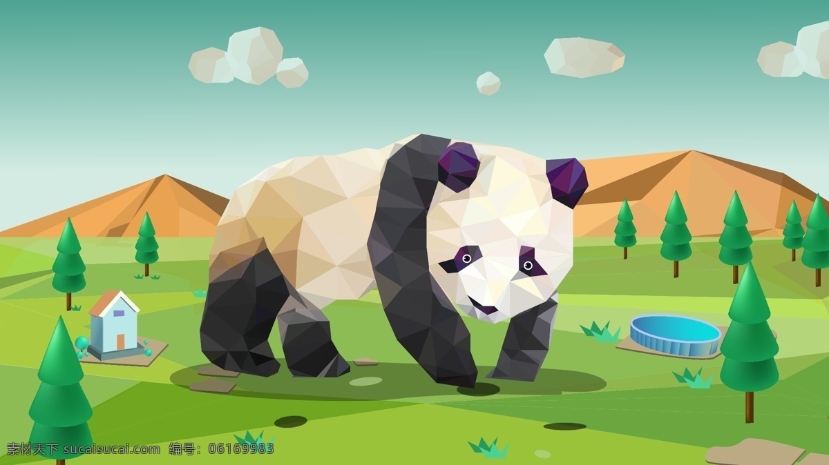 萌 宠 熊猫 微 立体 低 多边形 插画 原创 宠物 动物 印刷 商业插画 壁纸海报 微立体 尺量插画 网站用图