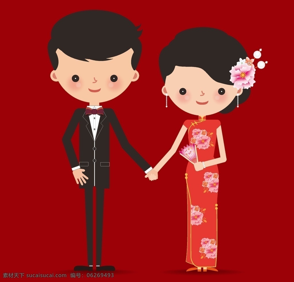 卡通中式婚礼 卡通中式主题 婚礼 新郎新娘人物 贺卡 请柬 邀请函 背景设计 矢量图 结婚素材 中国结 中式婚礼