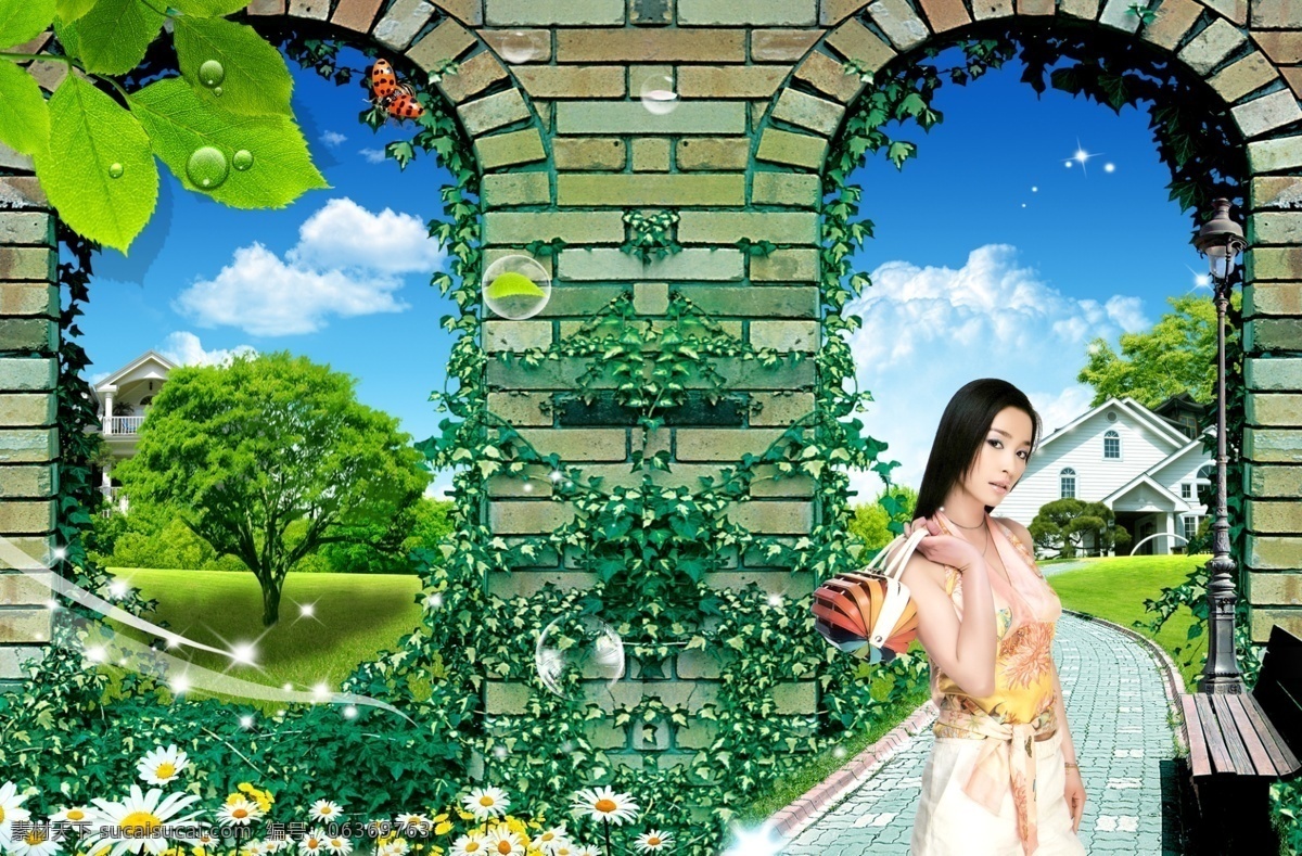韩国 美女 地产 广告 别墅 草地 墙 时尚美女 藤蔓植物 psd源文件