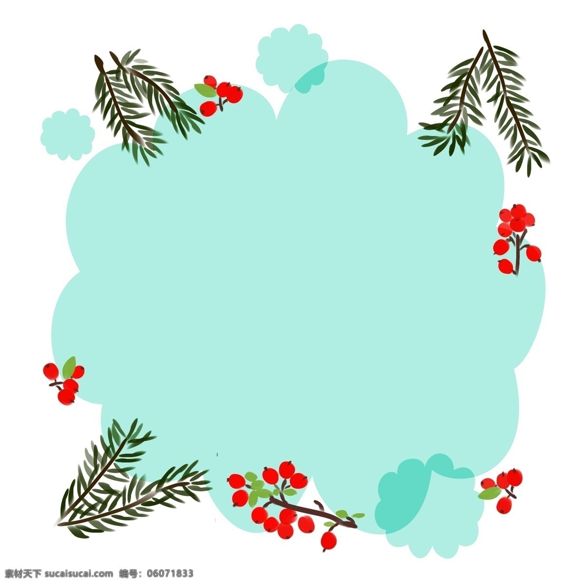 手绘 蓝色 圣诞 边框 植物边框 花形边框 手绘边框 植物 松树枝 红色果实 圣诞边框 插画