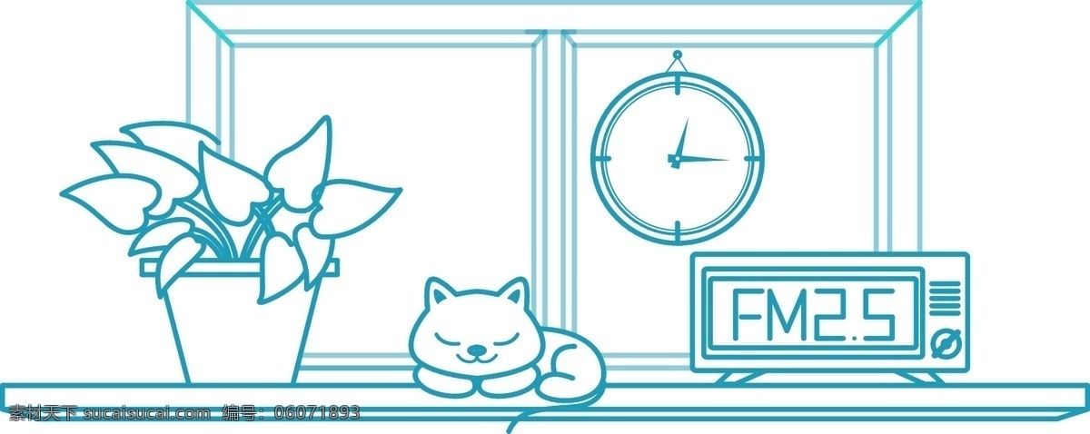 夏日 午后 窗口 线性 插画 浅蓝 色系 猫咪睡觉 窗台植物插画 手绘 场景 线性图标 手绘家具摆设