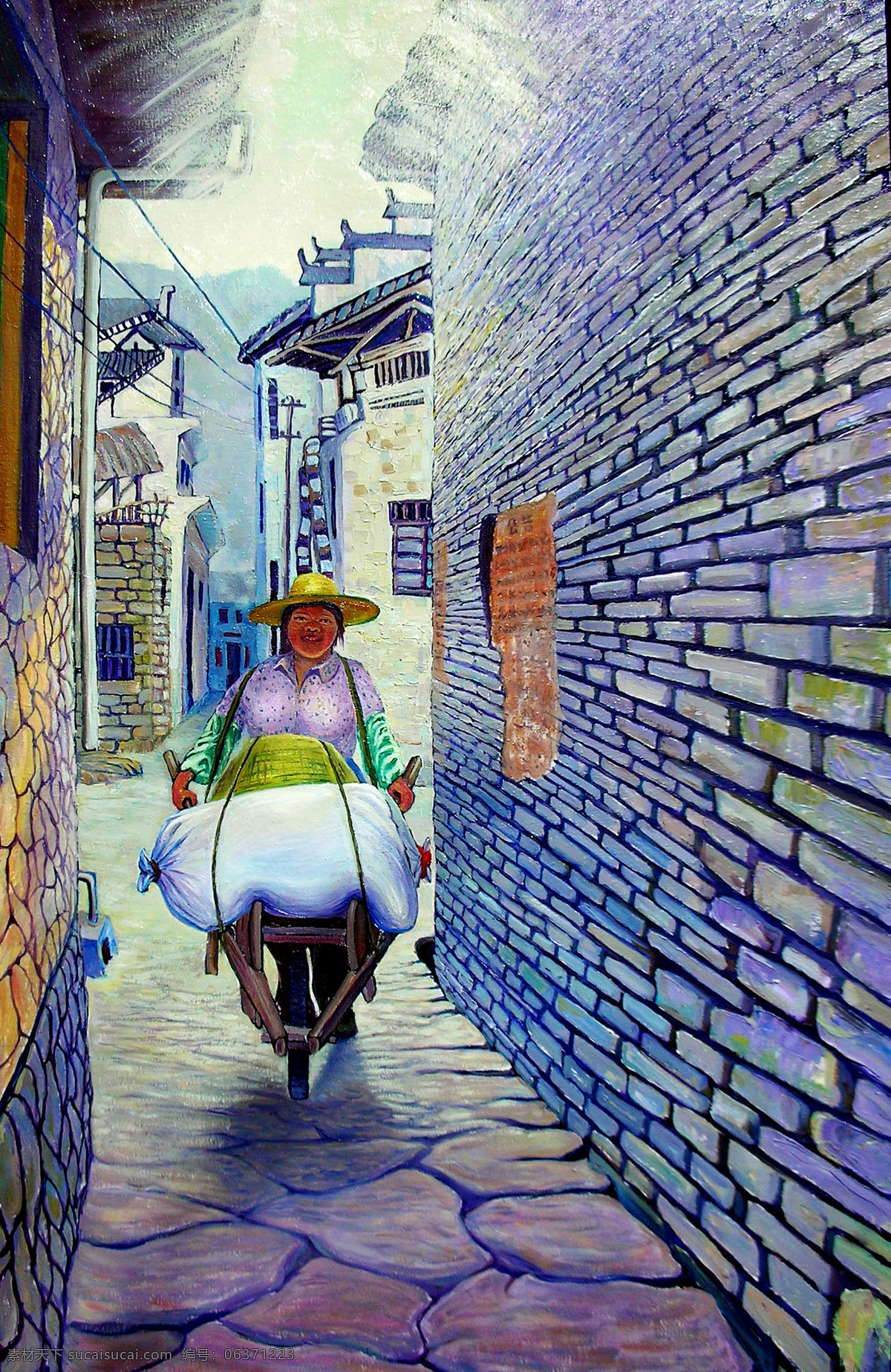 表情 动作 房子 妇女 绘画 绘画书法 货物 美术 推 小木车 大婶 油画 女人 姿势 乡村 巷子 油画艺术 油画作品28 文化艺术