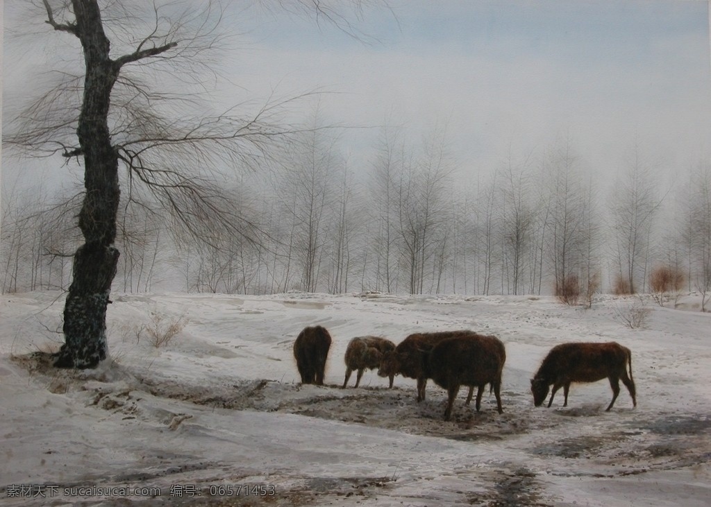 暖冬 冬天 老树 牛群 雪原 水彩画 许海刚 树林 北方 五牛 绘画书法 文化艺术 tiff