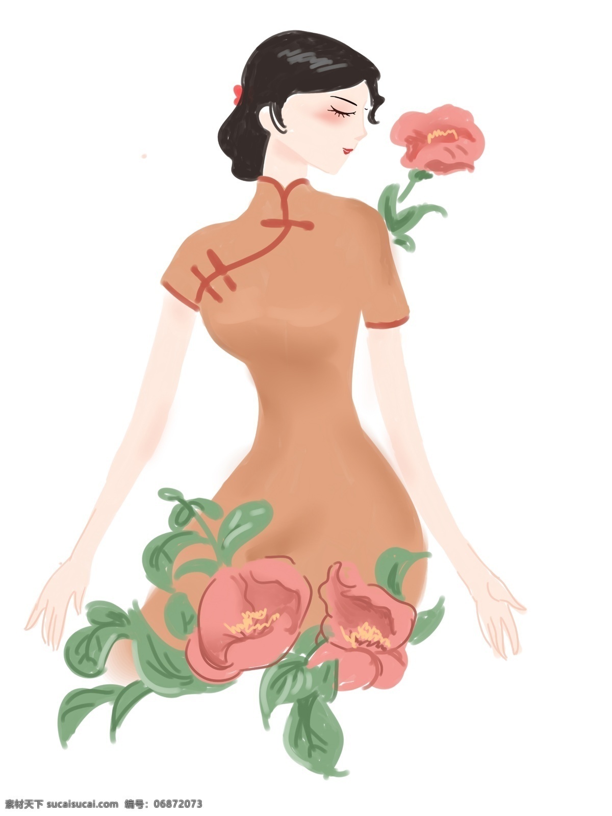 民国 风 复古 美女 插画 民国风 怀旧 矢量 动人 花朵 买买买 双十一 复古风 旗袍 红色 营销
