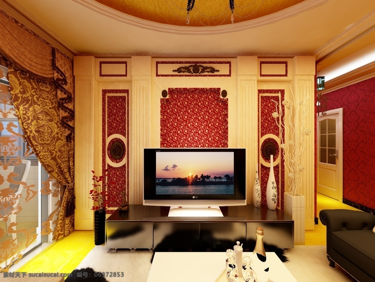 2018 年 流行 欧式 婚 房 家装 客厅 效果图 新春 喜庆 欧式婚房 金色装饰 红色 电视 背景 墙 室内效果图 家装效果图 客厅设计 奢华欧式