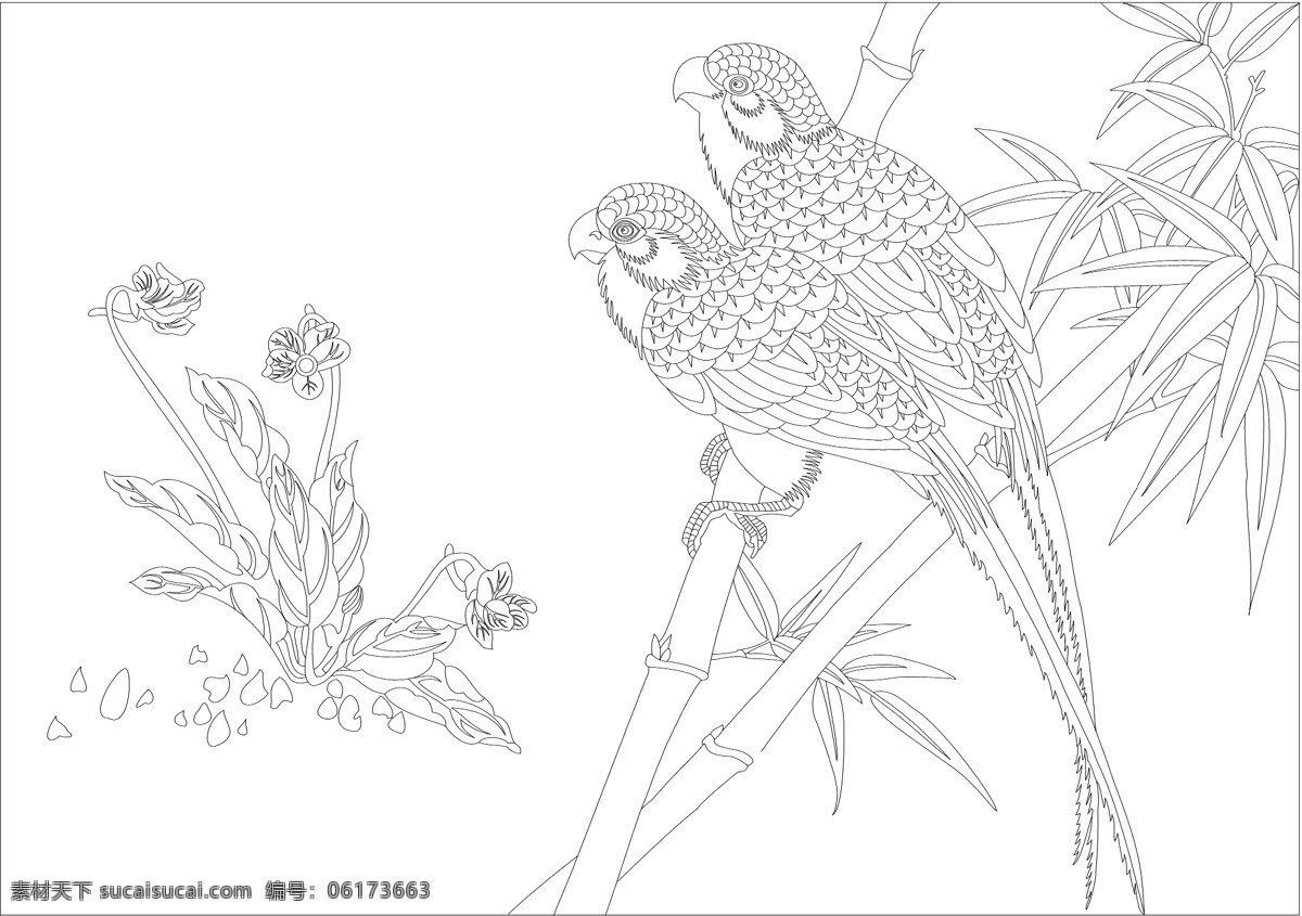 兰花 竹 雀 花草 鸟 矢量图库 自然风景 自然景观 兰花竹雀 双鸟观草 矢量 日常生活