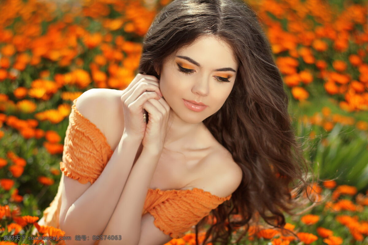 花海 美女 高清 唯美 花海美女 鲜花 橙色花
