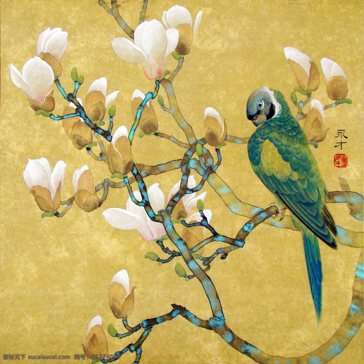 彩墨画 国画艺术 花木 花鸟画 绘画 绘画书法 美术 玉兰 鹦鹉 设计素材 模板下载 玉兰鹦鹉 中国画 工笔重彩画 玉兰花 书法 印章 国画集44 文化艺术 装饰素材 雕刻 图案