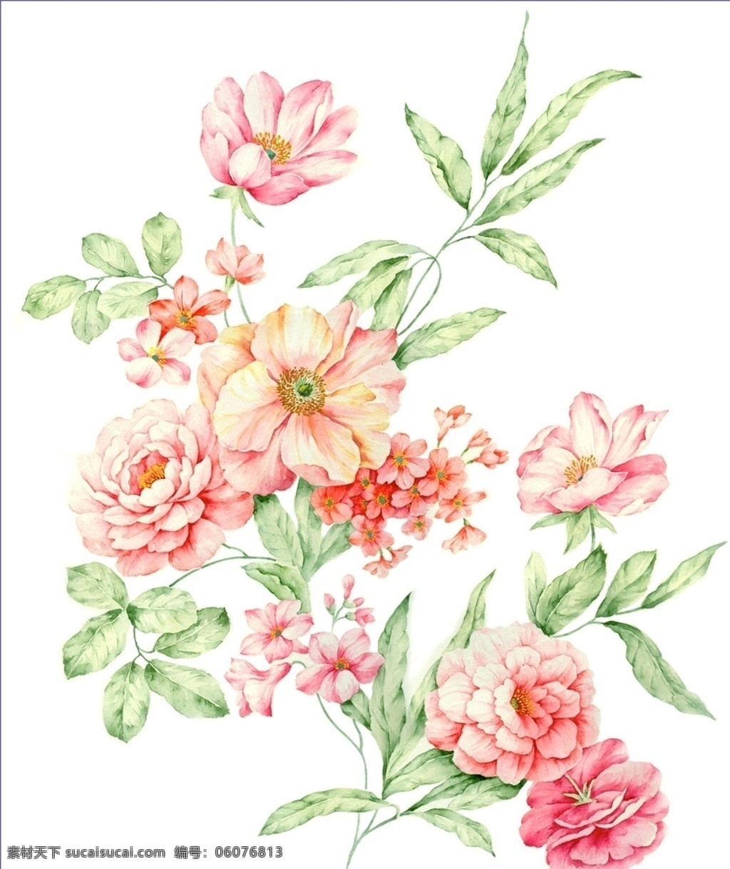 粉红花 绿叶 手绘 手绘花朵 花纹底纹 花朵 精致花朵 服装素材 矢量素材 窗帘素材