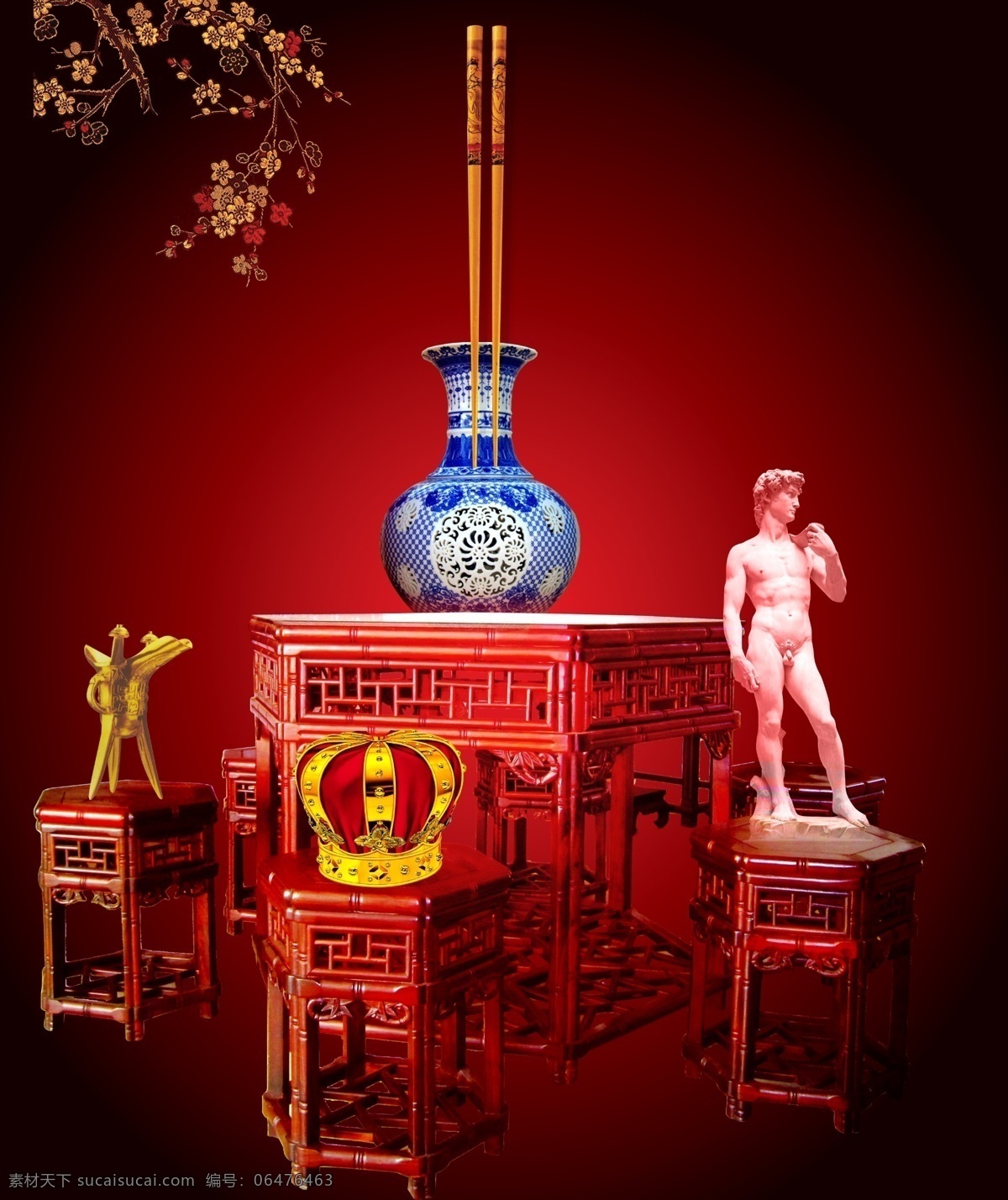 分层 瓷器 大卫 东方 古代酒杯 红色背景 红色底图 皇冠 文明 西方 东方文明 西方文明 东西文明 中式家具 家具 大卫像 酒杯 东方文化 筷子 梅花 青花瓷 源文件 psd源文件